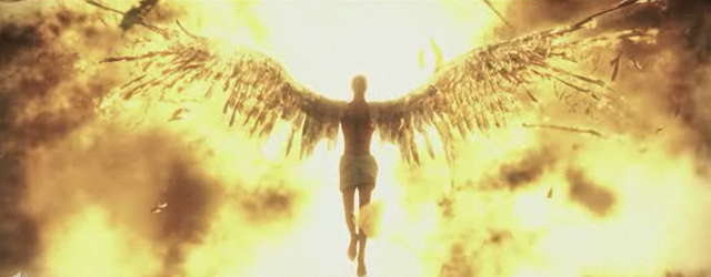 A vision of Icarus, his wings on fire.