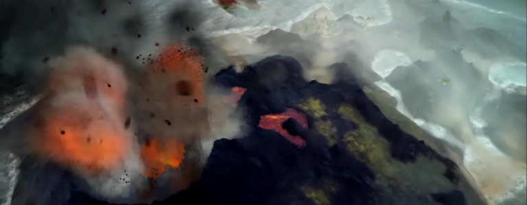 A volcano erupts.