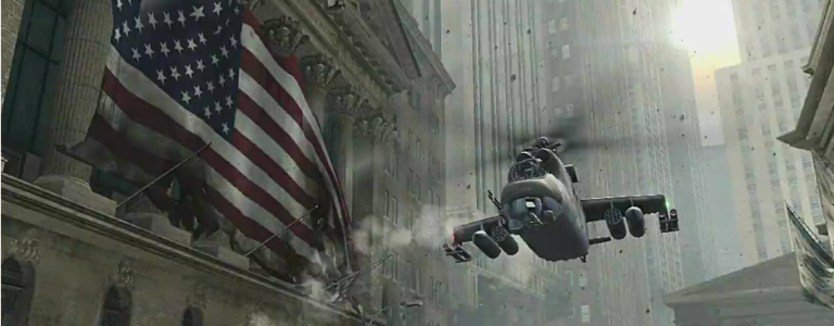 A helicopter floats through New York City in Call of Duty.