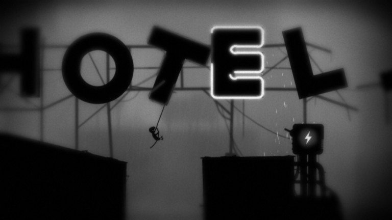 A boy in Limbo swings on a Hotel sign.