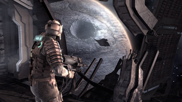 Dead Space's Isaac Clark views an enormous crater, the result of a Planetcracker class ship.