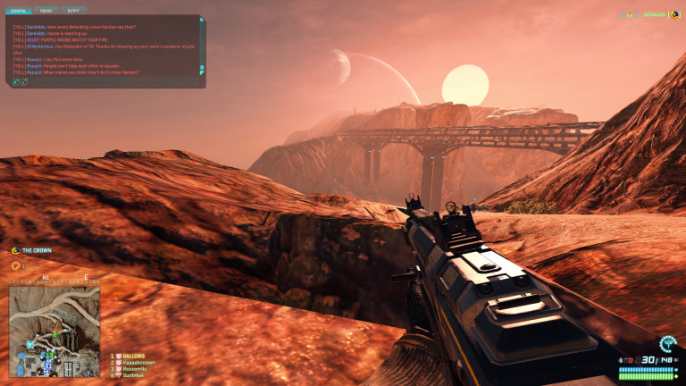 A soldier watches the sunset in Indar, an arid continent in Planetside.