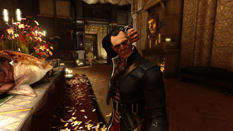A Dishonored character scratches his head at a feast.