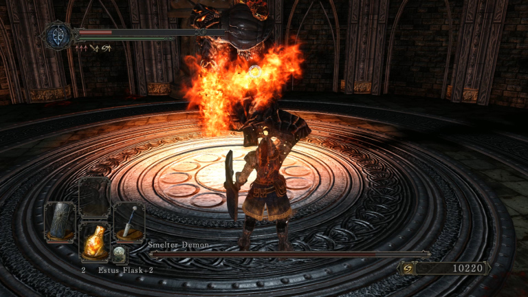 I quaff an estus flask in a battle with the Smelter Demon. I exploded about half a second after this shot.