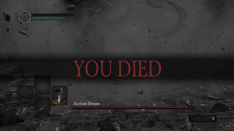 A scene from Dark Souls, with the player recently killed by the Asylum Demon. "You Died".