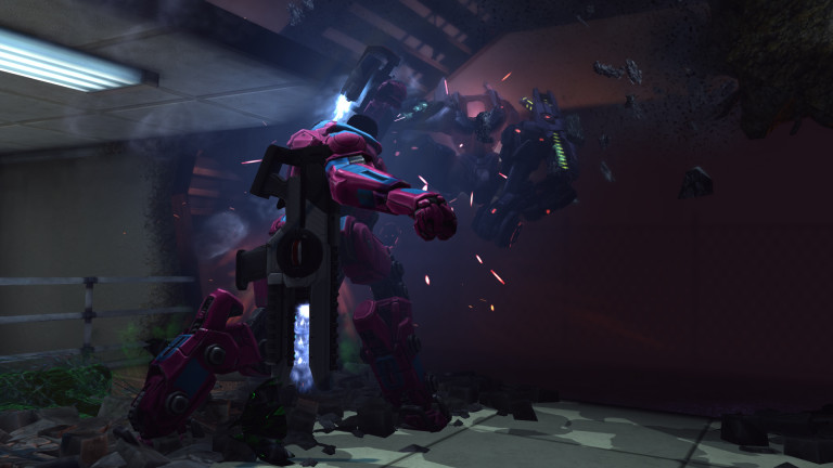 A pink and purple MEC trooper punches a Mectoid. 