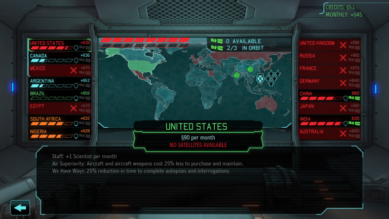 XCOM Situation Room, with many countries having left the project.