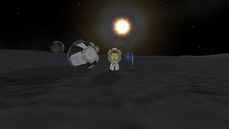 Valentina Kerman on the Munar surface, next to the Nerdsworth Academy flag. 