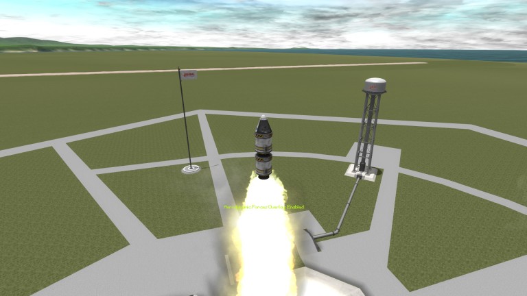A small rocket, with a capsule and two small engines, launches from the Kerbal space cetner.