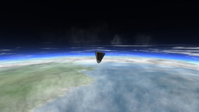 A small capsule inverts as it begins its descent back to Kerbin.