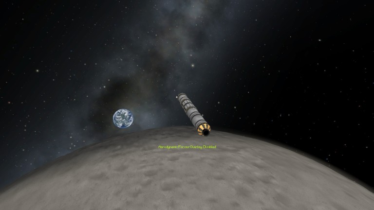 The Confusador rocket orbits the Mun, with Kerbin rising in the background.